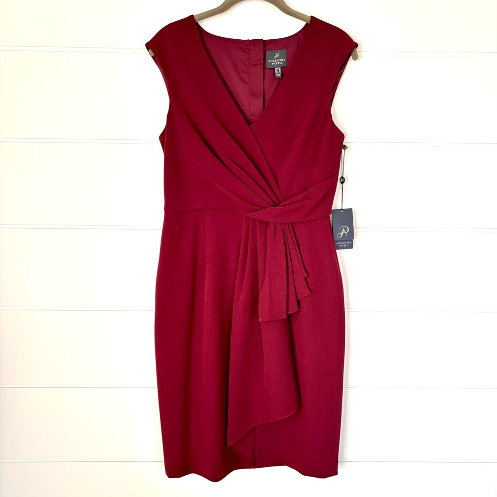 Adrianna Papell Burgundy Draped Sheeth Midi Wedding Cocktail Dress Size 6